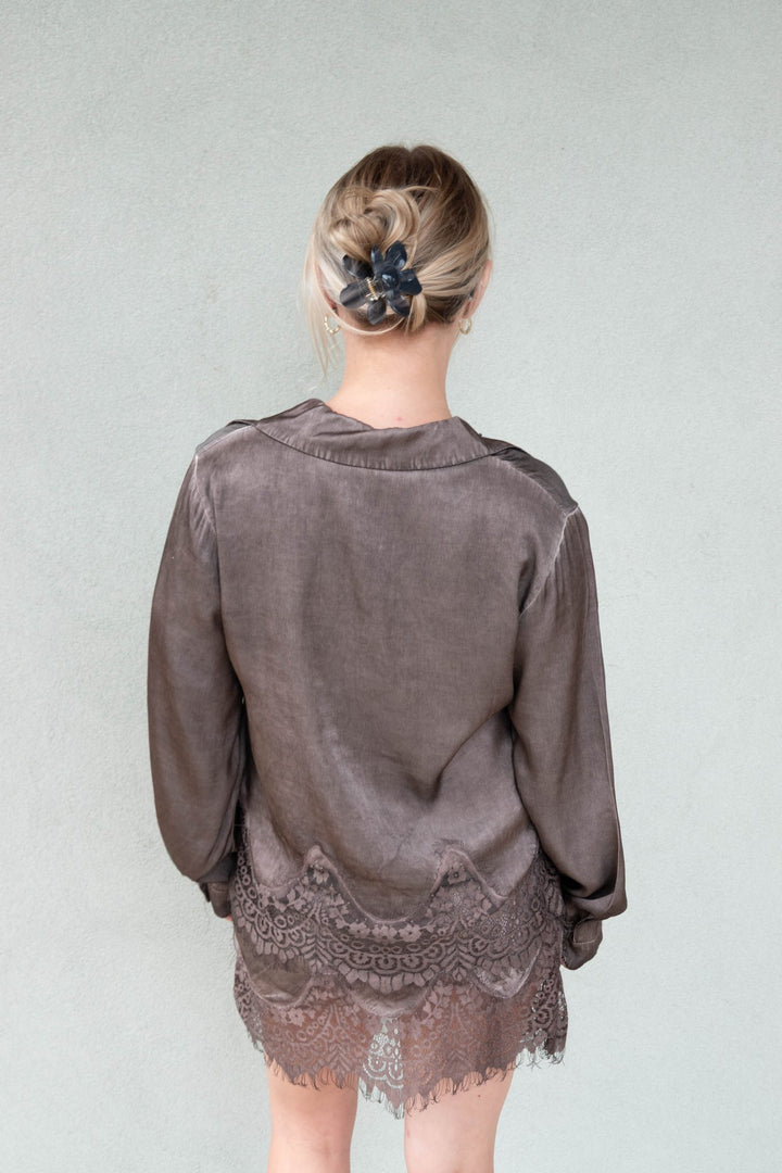 Lace Hem Long Sleeve Button Down - Chocolate Brown - Jaffi&