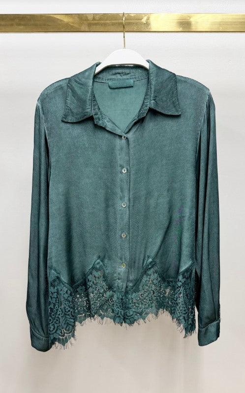 Lace Hem Long Sleeve Button Down - Hunter Green