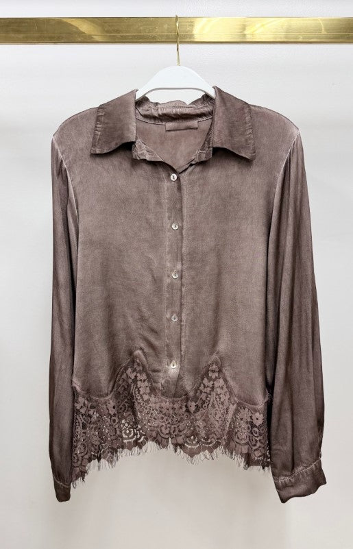 Lace Hem Long Sleeve Button Down - Chocolate Brown