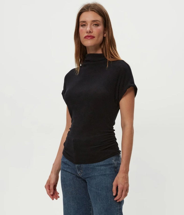 Lara Ribbed Mock Neck Tee - Black