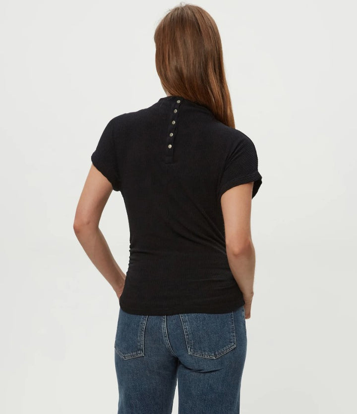 Lara Ribbed Mock Neck Tee - Black