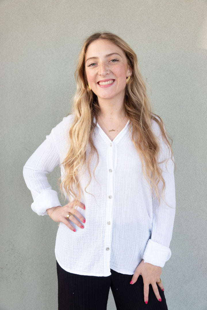 Leo Gauze Button Down Top - White - Jaffi's