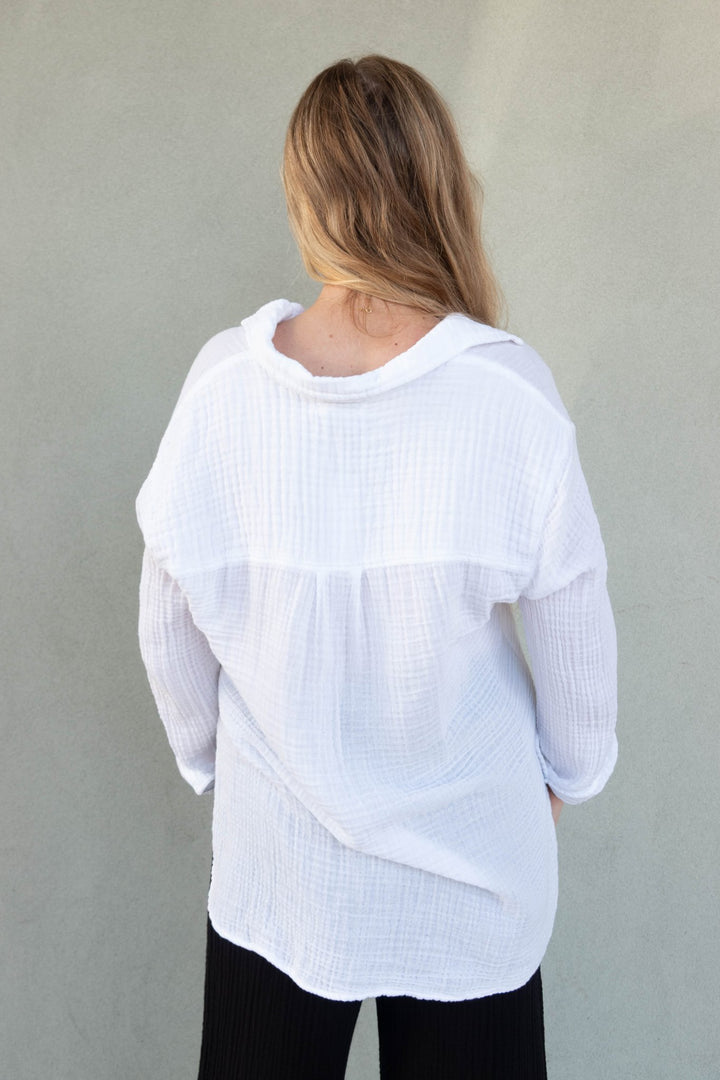 Leo Gauze Button Down Top - White - Jaffi's