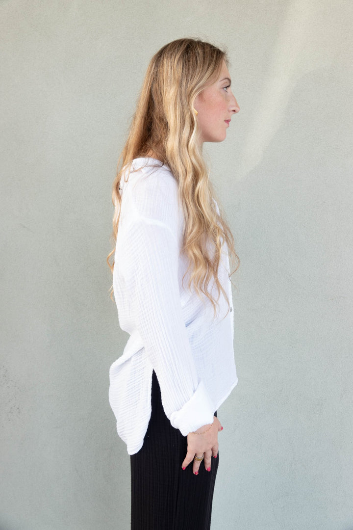 Leo Gauze Button Down Top - White - Jaffi's