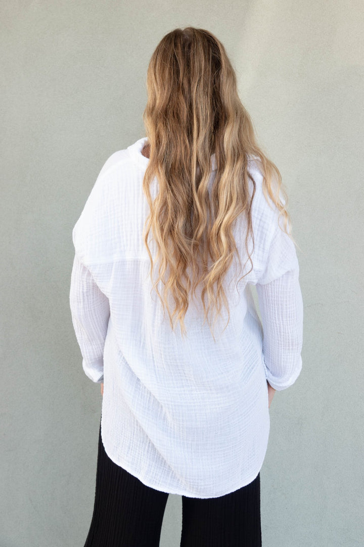 Leo Gauze Button Down Top - White - Jaffi's