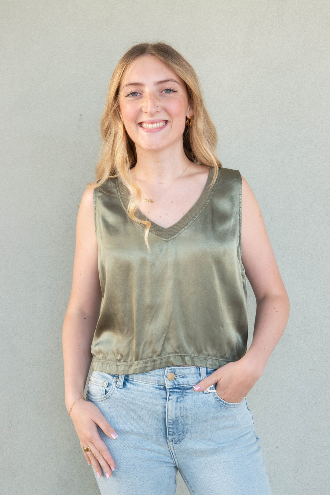 Lila Satin V Neck Tank - Willow - Jaffi's
