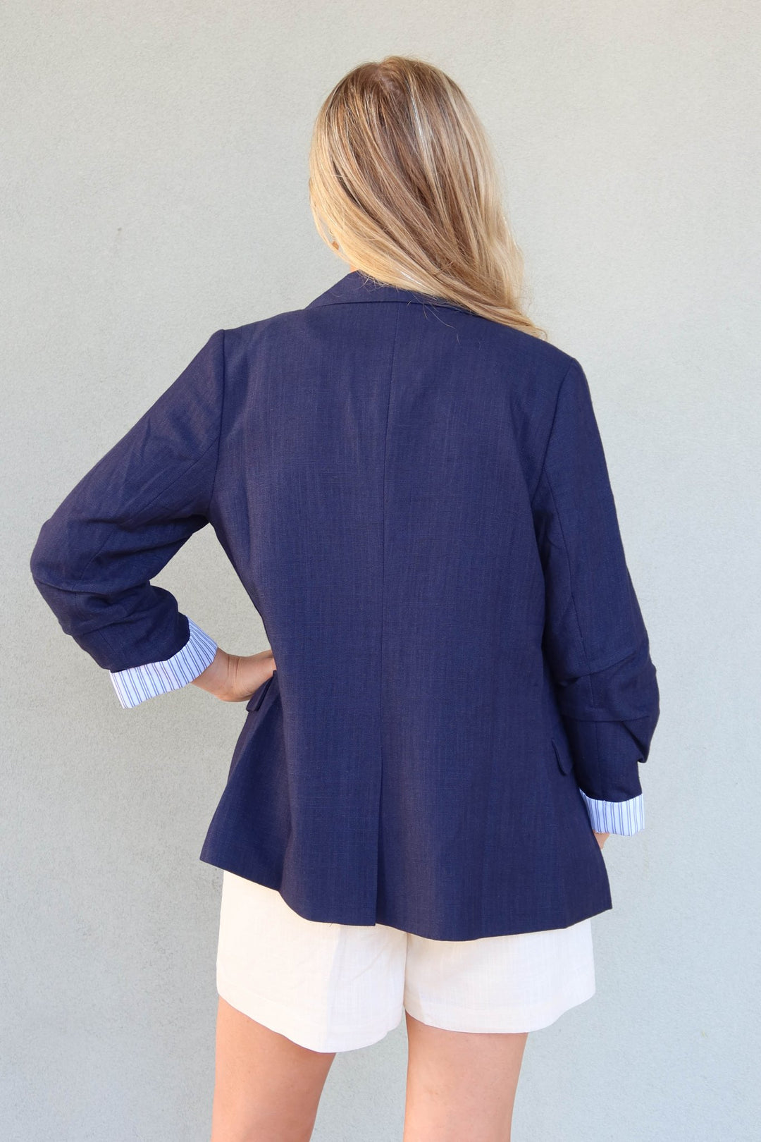 Linen Cinched Sleeve Blazer - Navy - Jaffi's