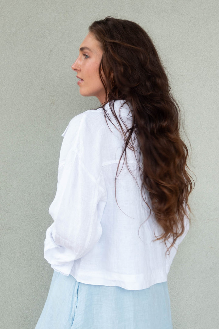 Linen Crop Jacket - White - Jaffi's