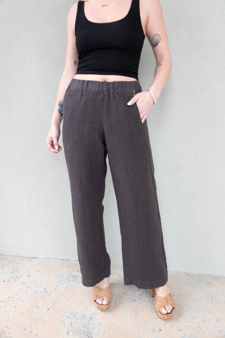 Linen Drawstring Crop Pant - Caviar - Jaffi's