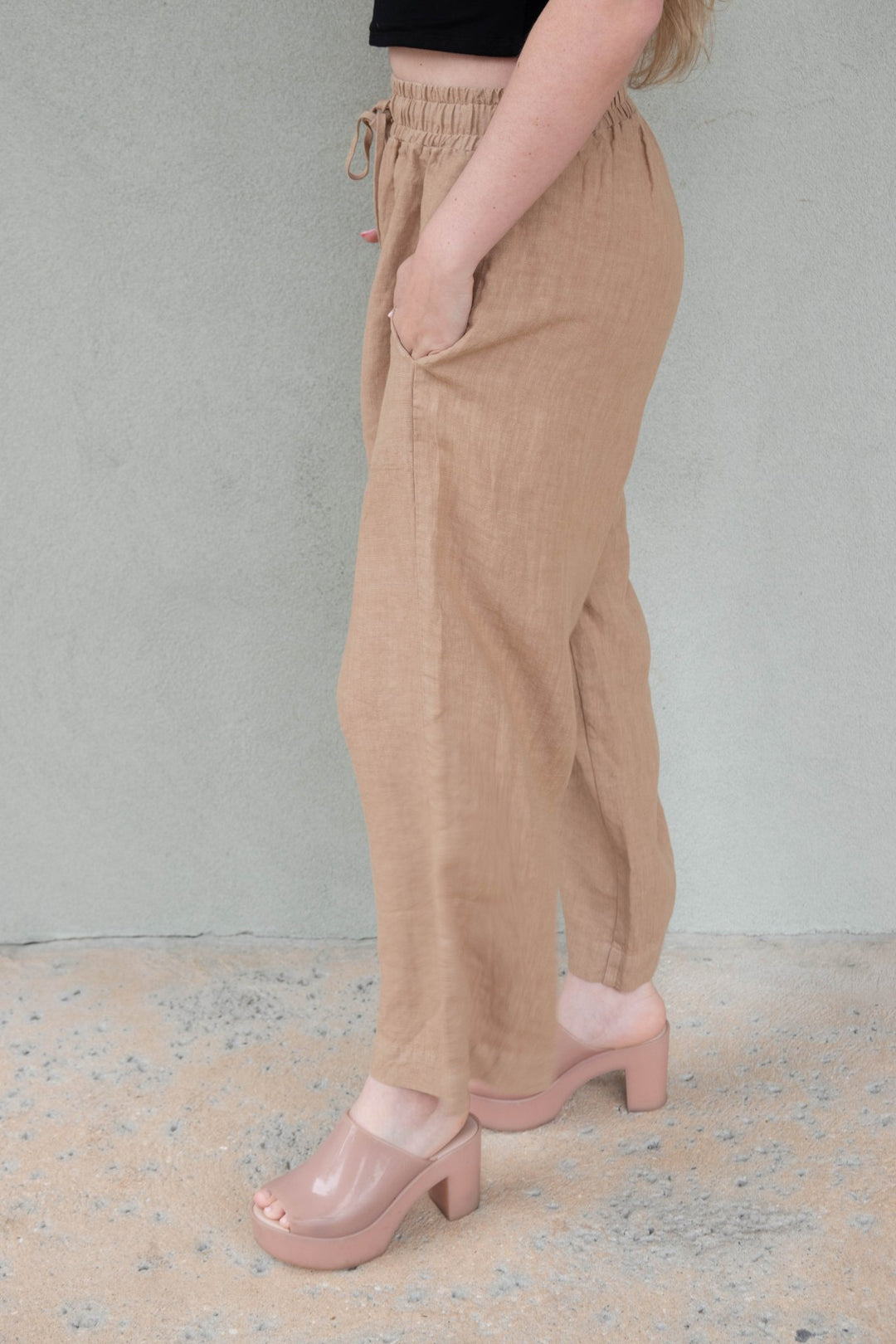 Linen Drawstring Crop Pant - Sand - Jaffi's