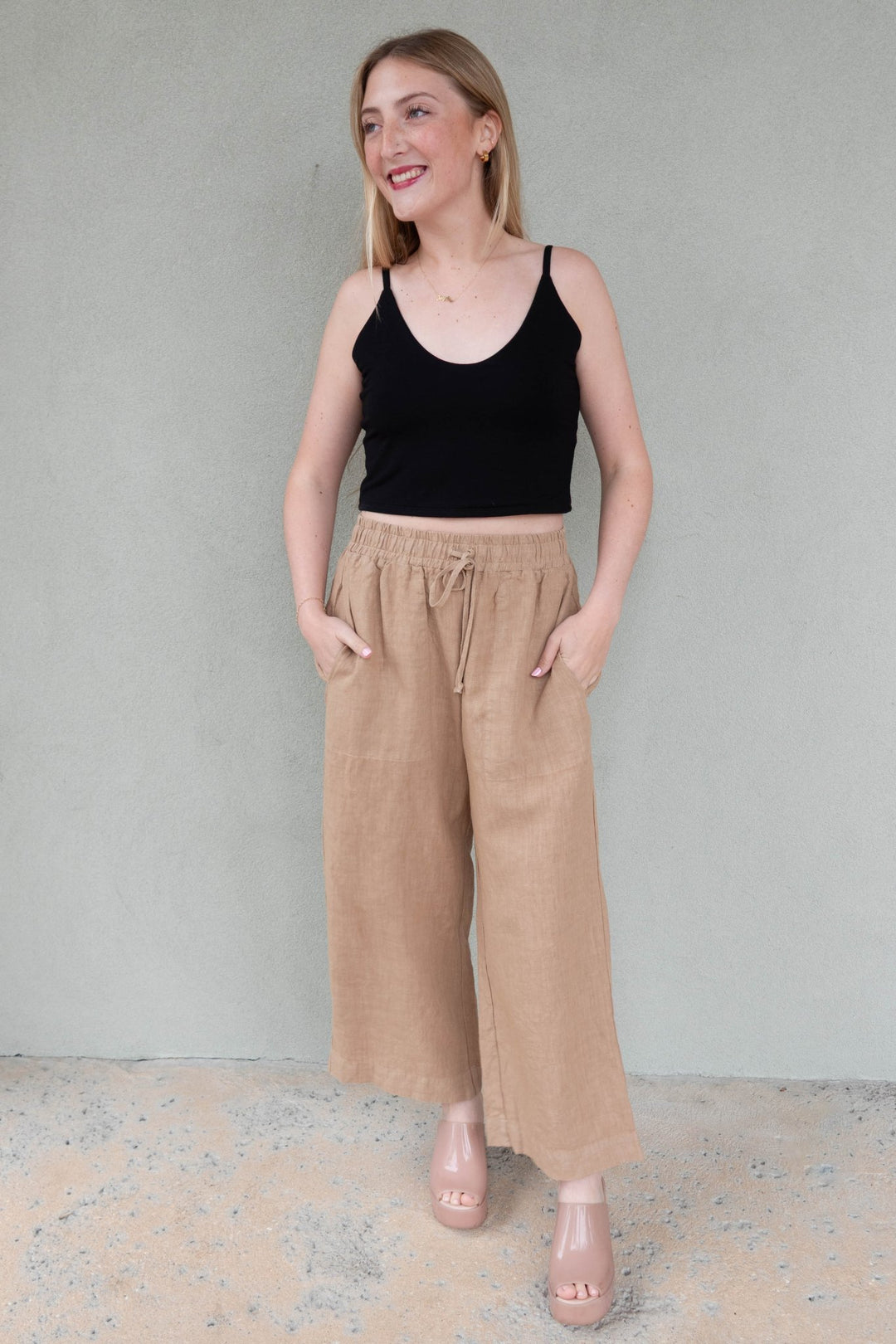 Linen Drawstring Crop Pant - Sand - Jaffi's