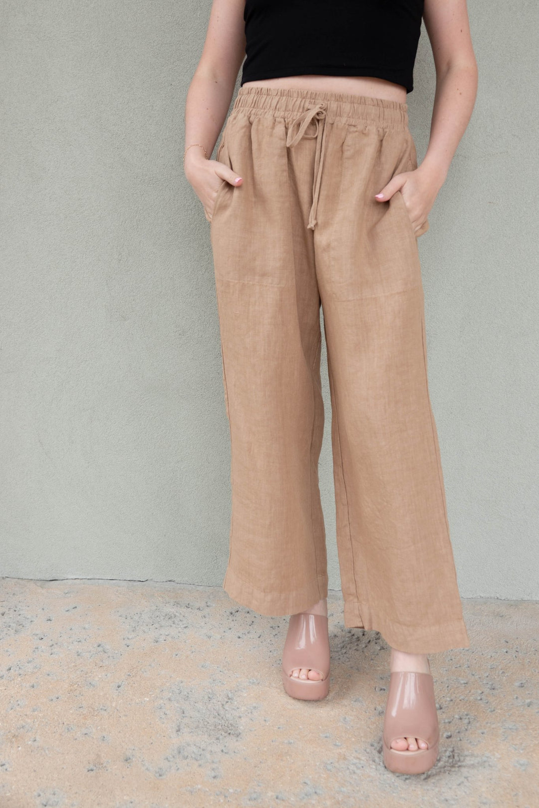 Linen Drawstring Crop Pant - Sand - Jaffi's
