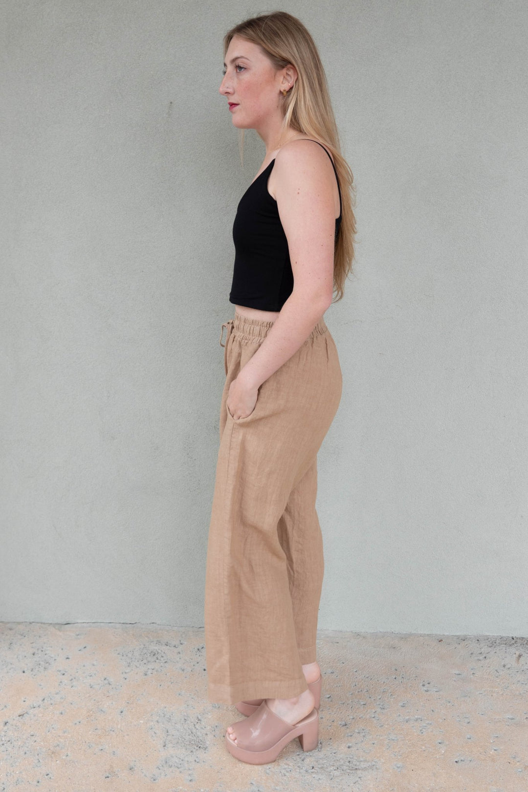 Linen Drawstring Crop Pant - Sand - Jaffi's