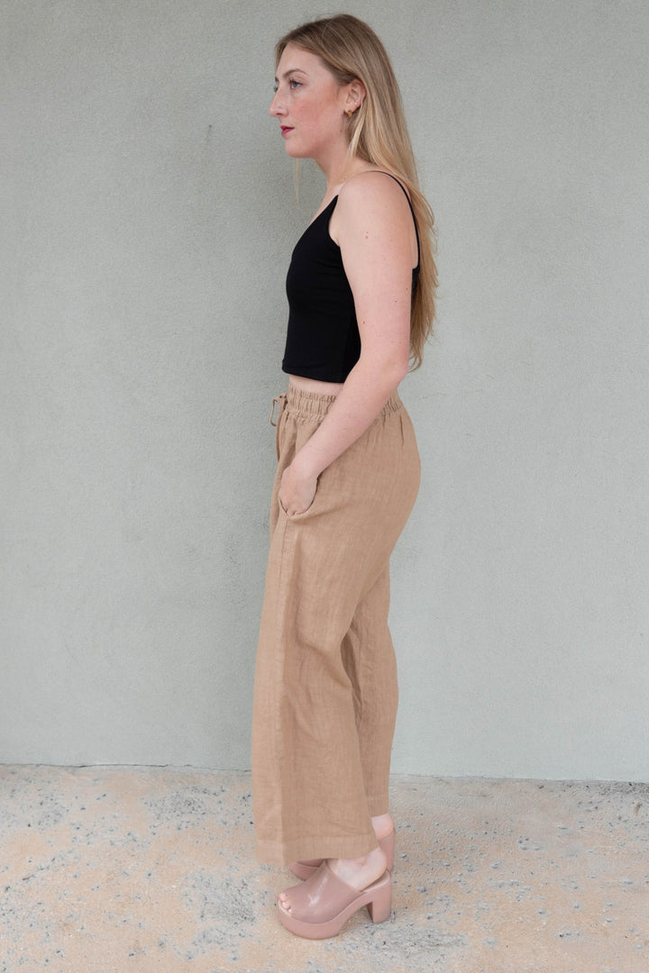 Linen Drawstring Crop Pant - Sand - Jaffi's