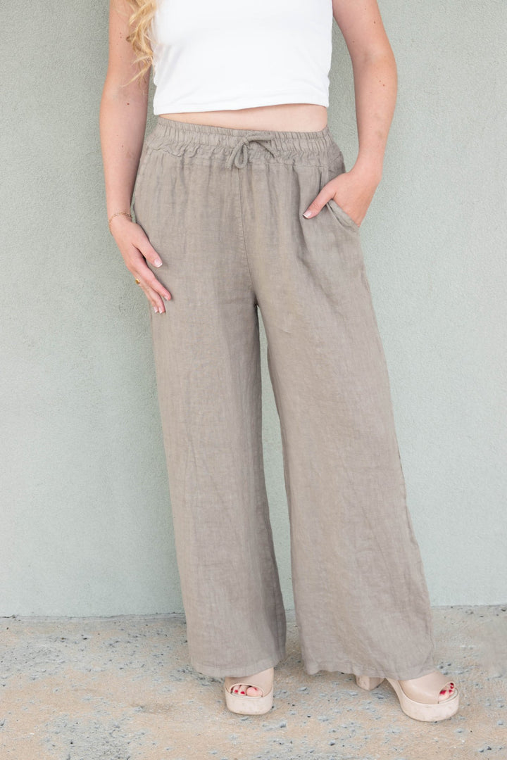 Linen Drawstring Pocket Pant - Mocha - Jaffi's