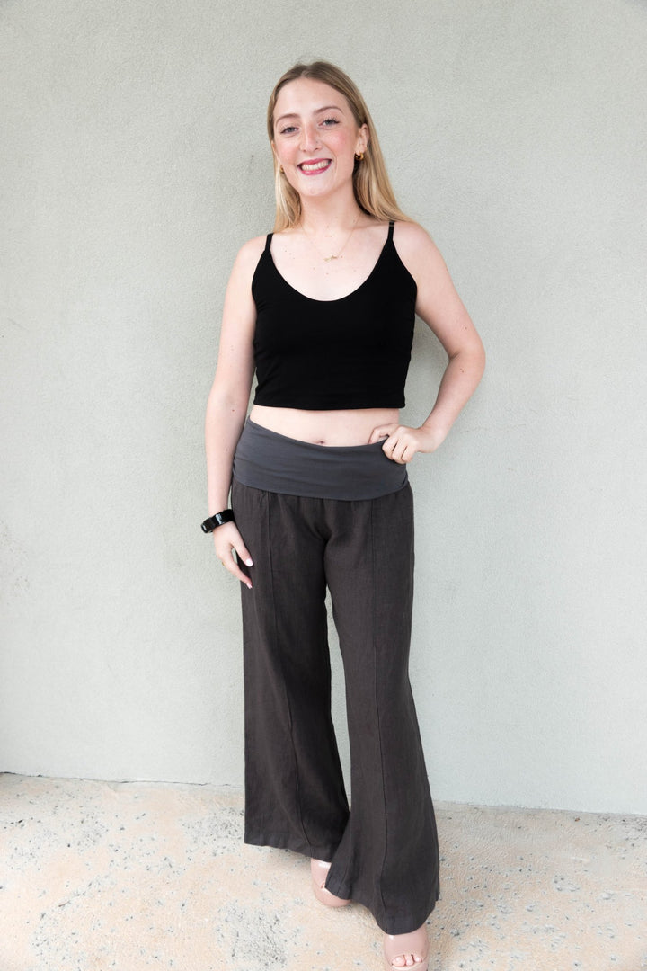 Linen Fold Over 30" Pant - Caviar - Jaffi's