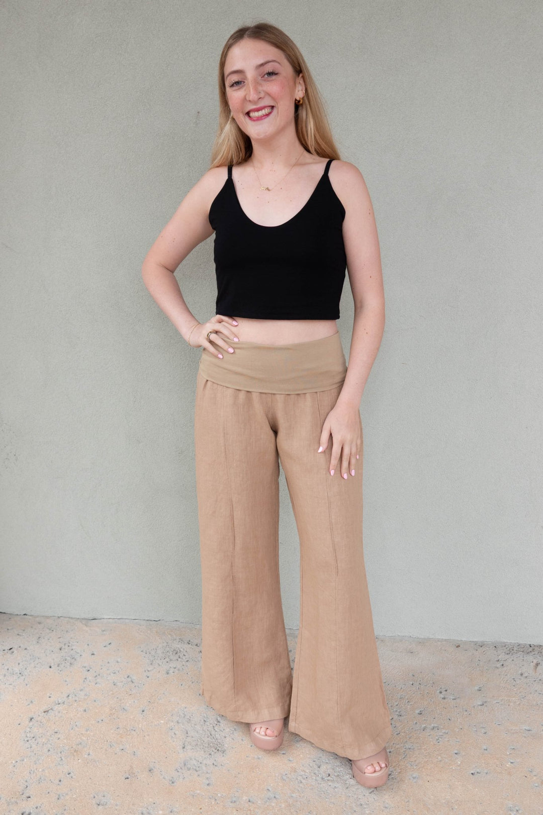 Linen Fold Over 30" Pant - Sand - Jaffi's