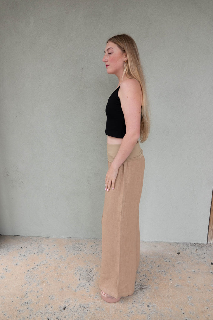 Linen Fold Over 30" Pant - Sand - Jaffi's