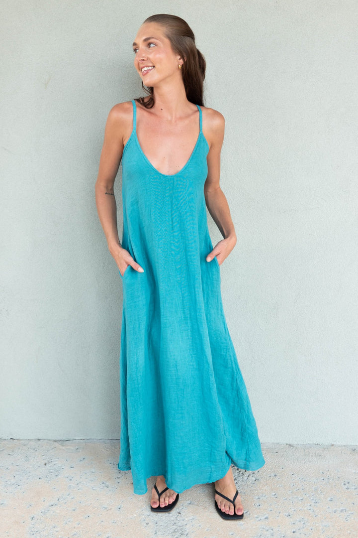 Linen Spaghetti Strap Maxi Dress - Capri - Jaffi&