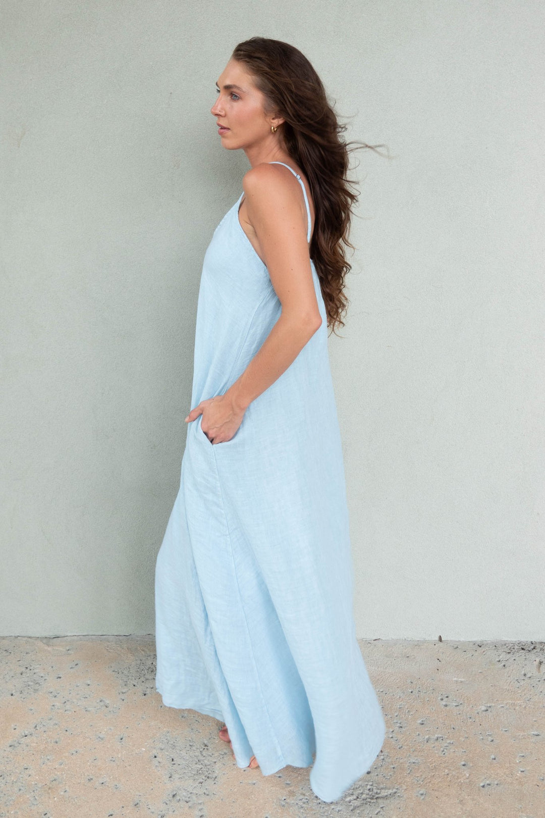 Linen Spaghetti Strap Maxi Dress - Sky Blue - Jaffi's