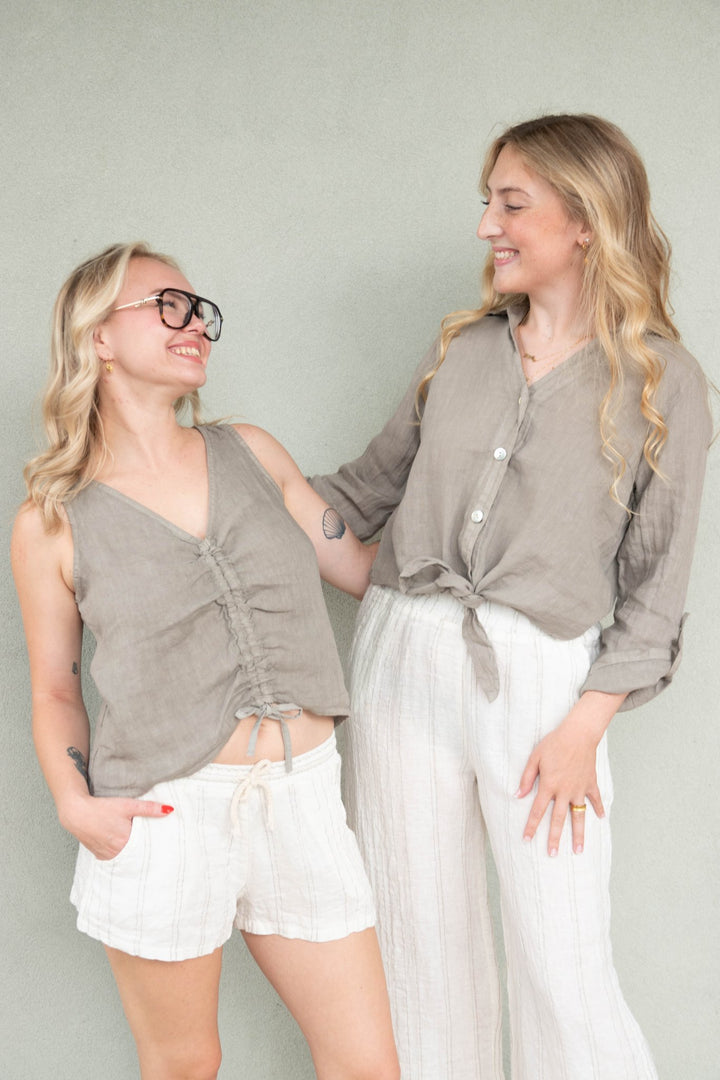 Linen V Neck Ruched Tank - Mocha - Jaffi's