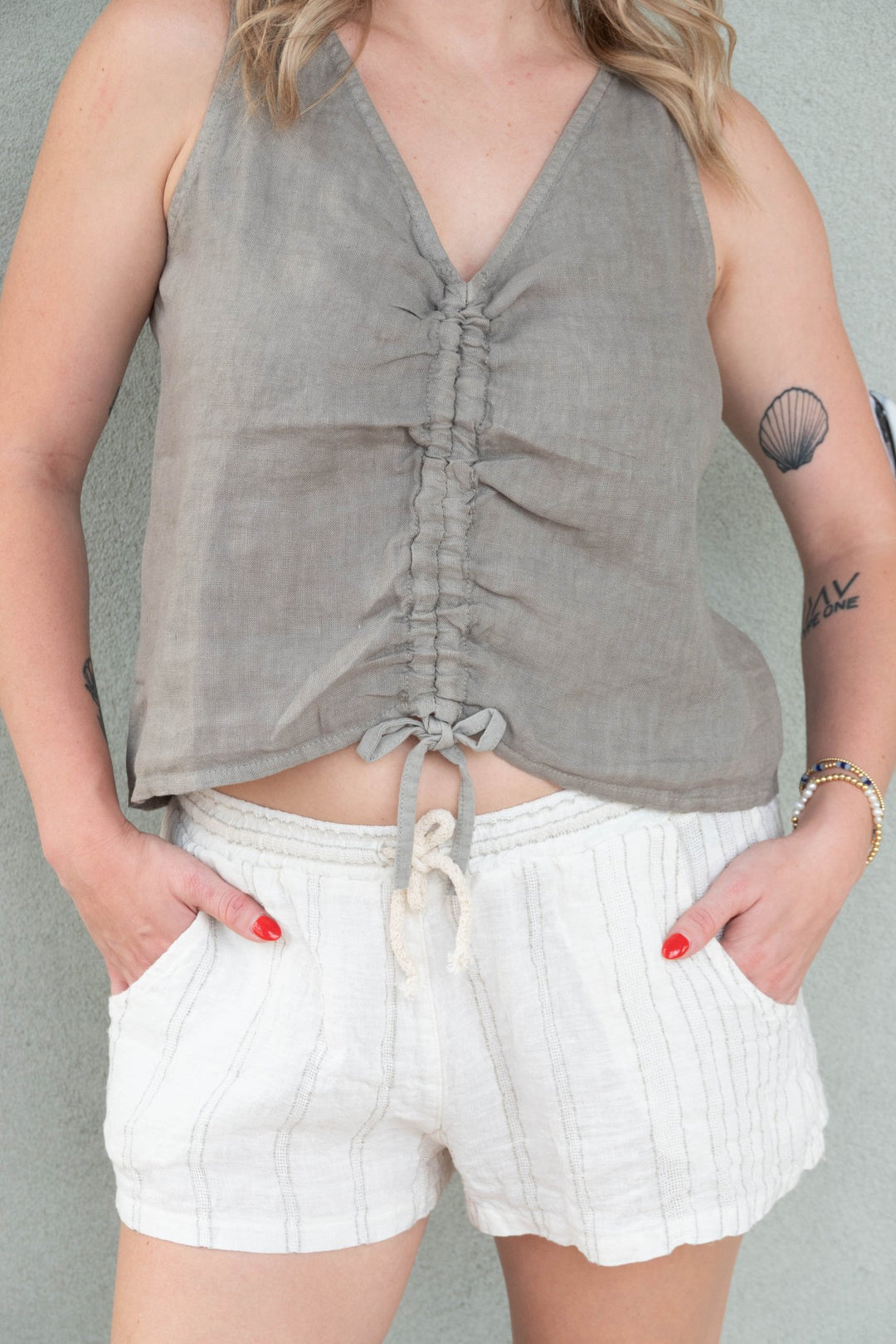 Linen V Neck Ruched Tank - Mocha - Jaffi's