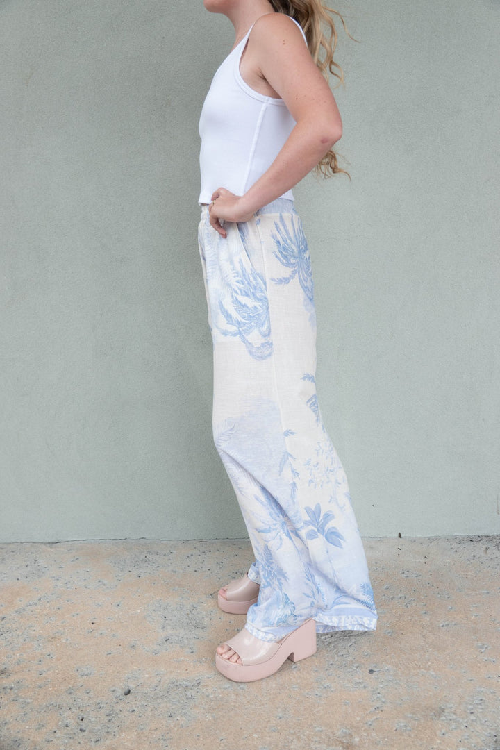 Linen Wide Leg Pant - Tropical Palm Blue - Jaffi's