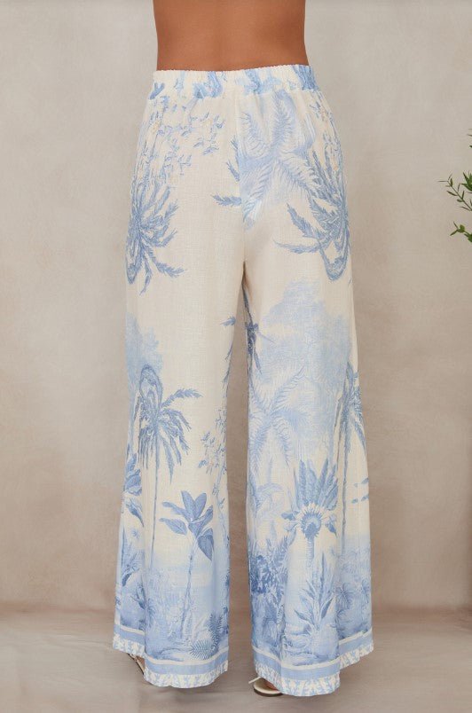 Linen Wide Leg Pant - Tropical Palm Blue - Jaffi's