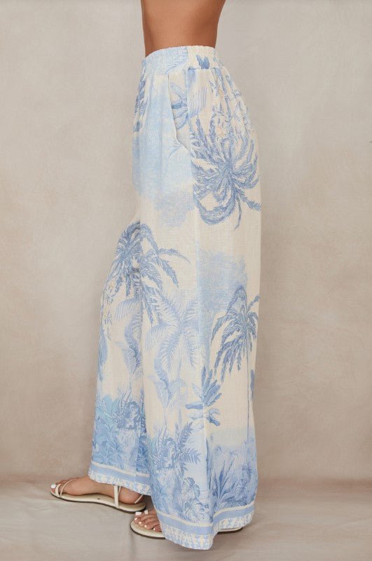 Linen Wide Leg Pant - Tropical Palm Blue - Jaffi's