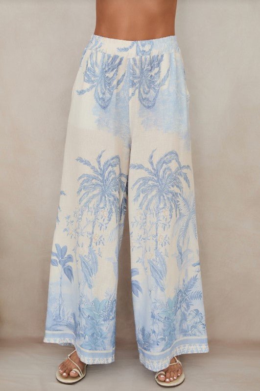 Linen Wide Leg Pant - Tropical Palm Blue - Jaffi's