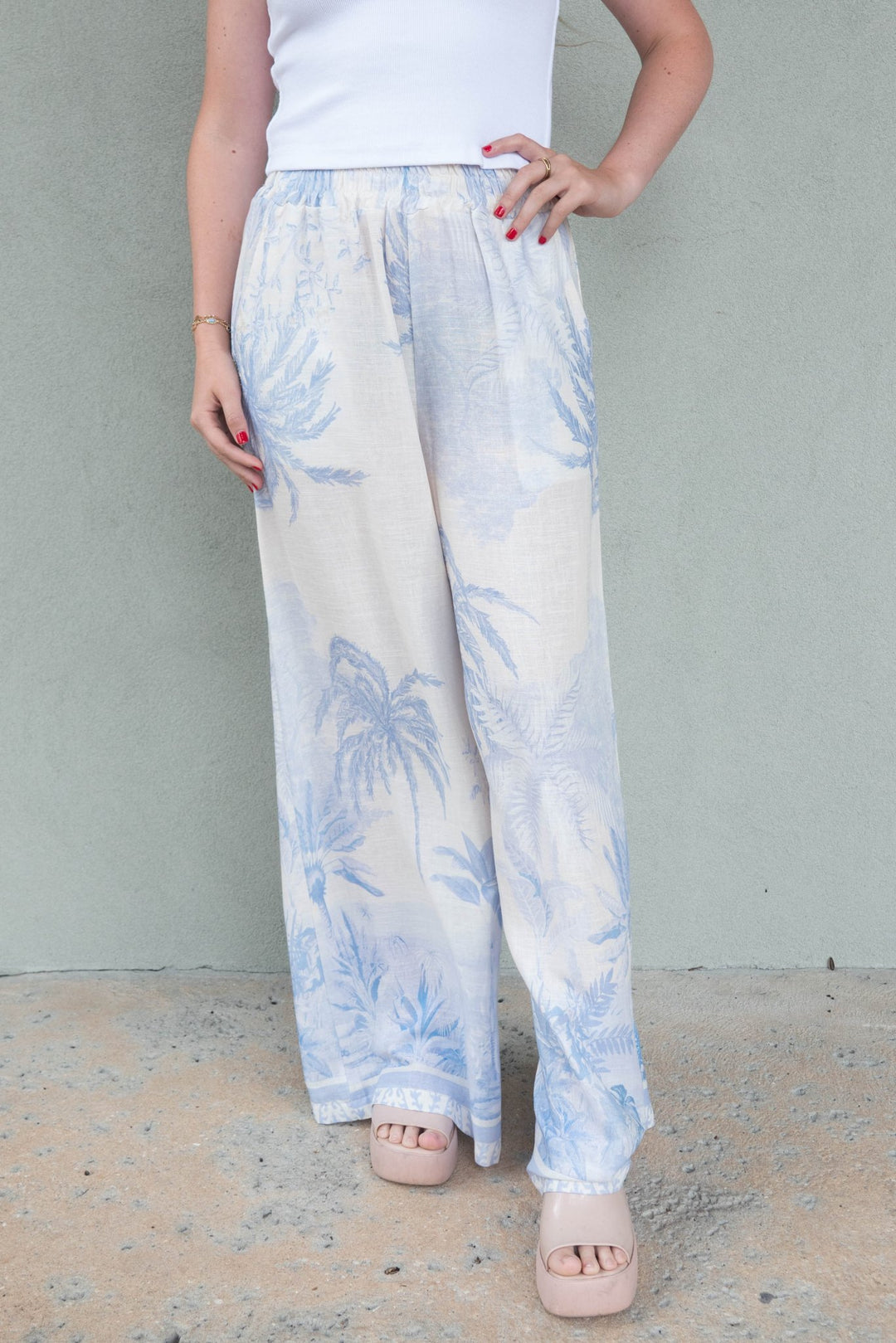 Linen Wide Leg Pant - Tropical Palm Blue - Jaffi's