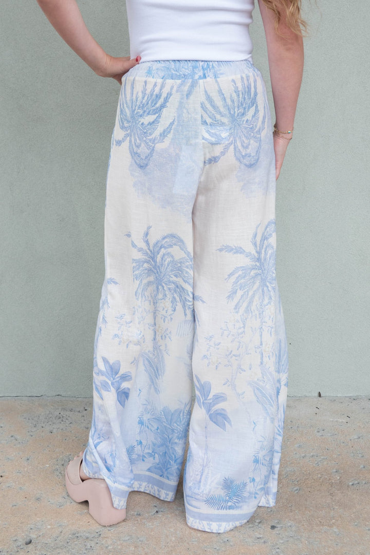Linen Wide Leg Pant - Tropical Palm Blue - Jaffi's
