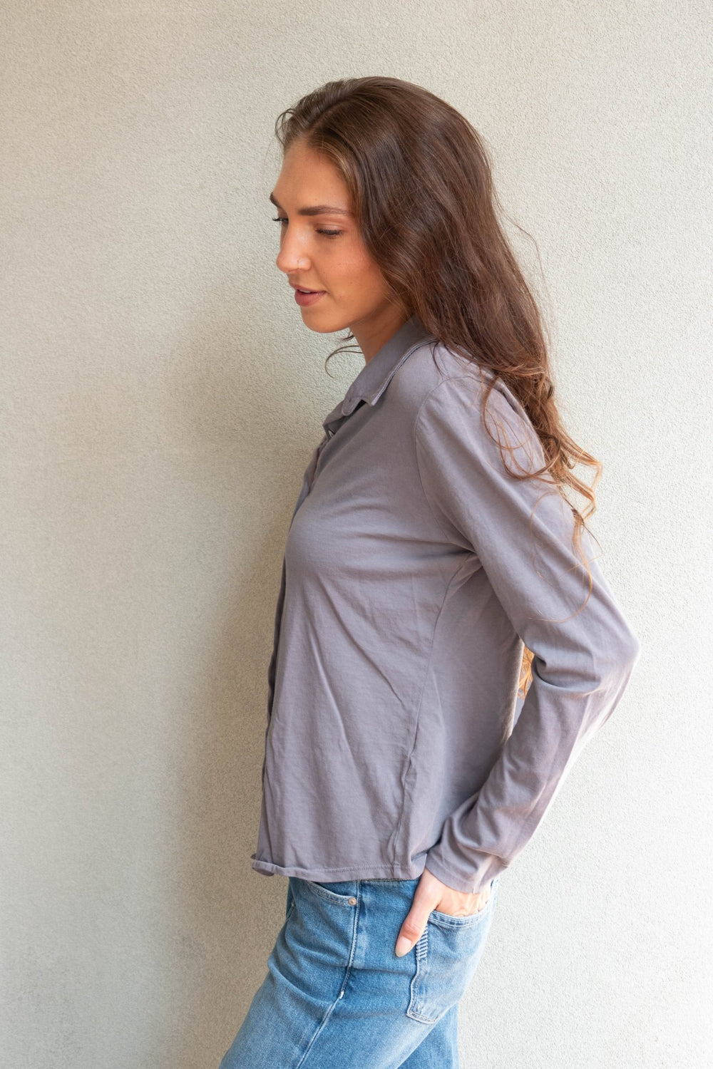 Lola Jersey Button Down Shirt - Thunder - Jaffi's