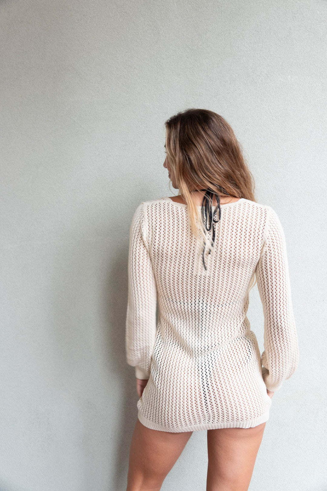 Long Sleeve Crochet Coverup - Beige - Jaffi's