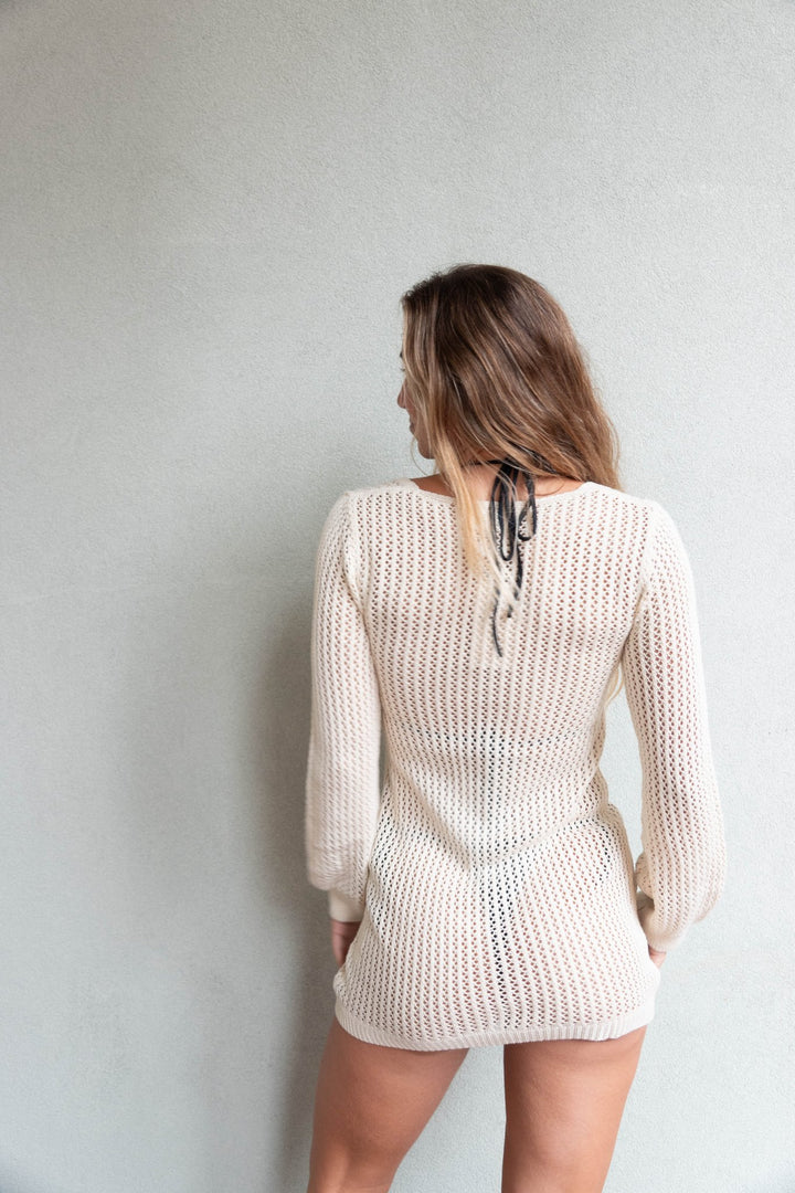 Long Sleeve Crochet Coverup - Beige - Jaffi's