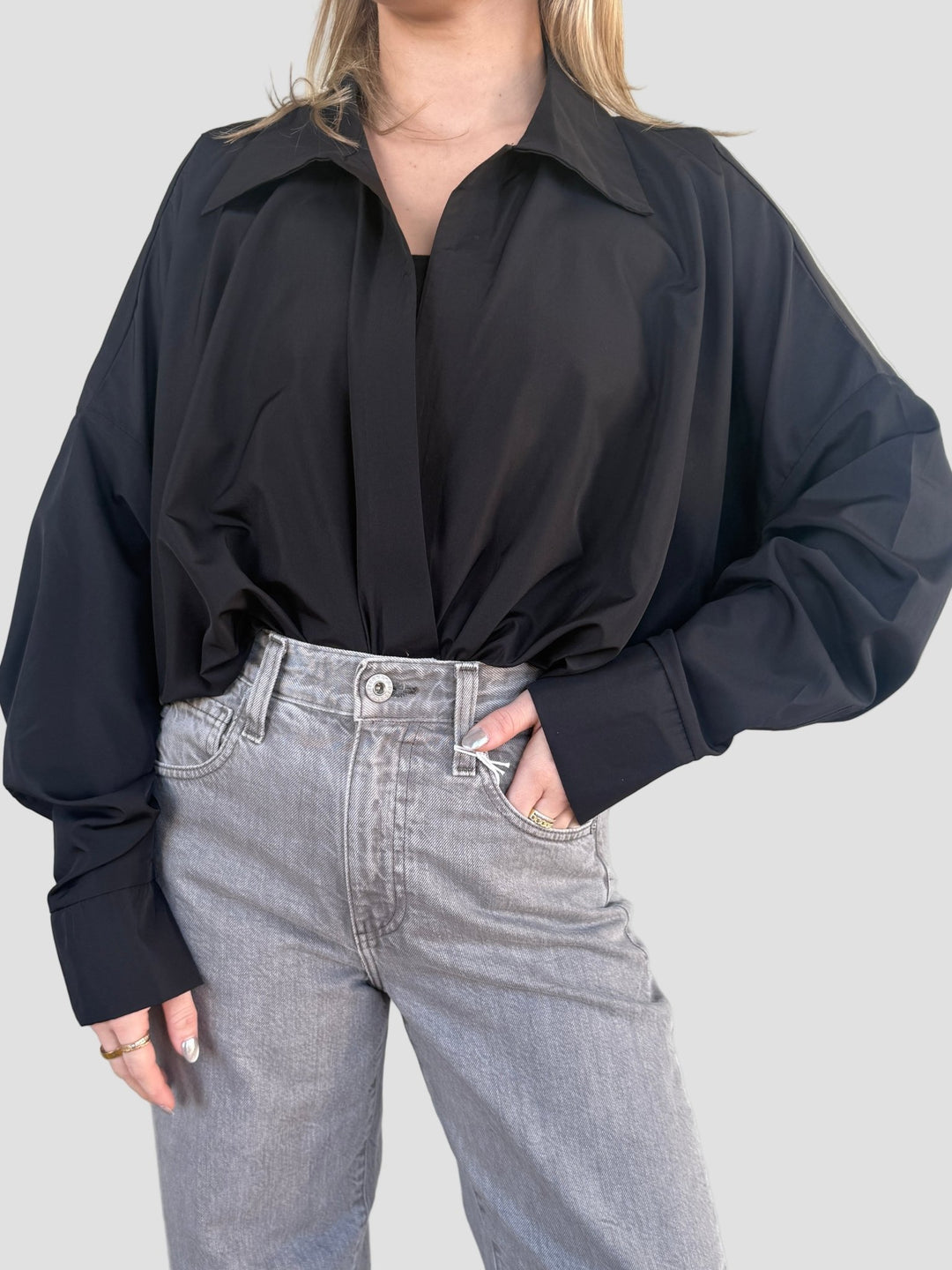 Long Sleeve Shirting Bodysuit - Black - Jaffi's