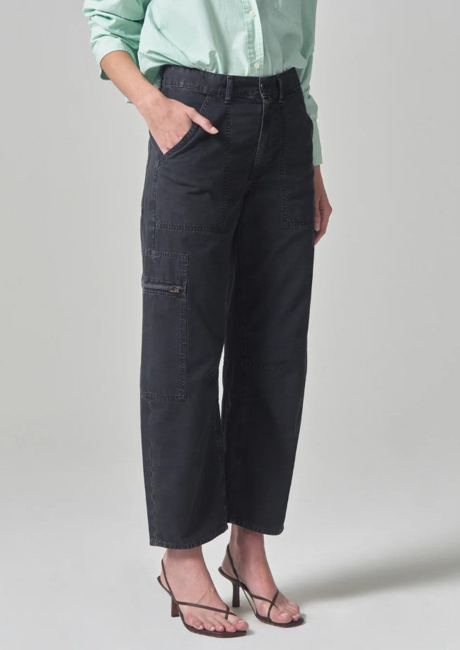 Marcelle Sateen Low Slung Cargo in Washed Black