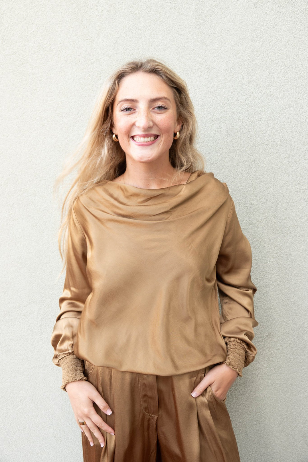 Margaret Smocked Sleeve Bubble Hem Top - Gold - Jaffi&