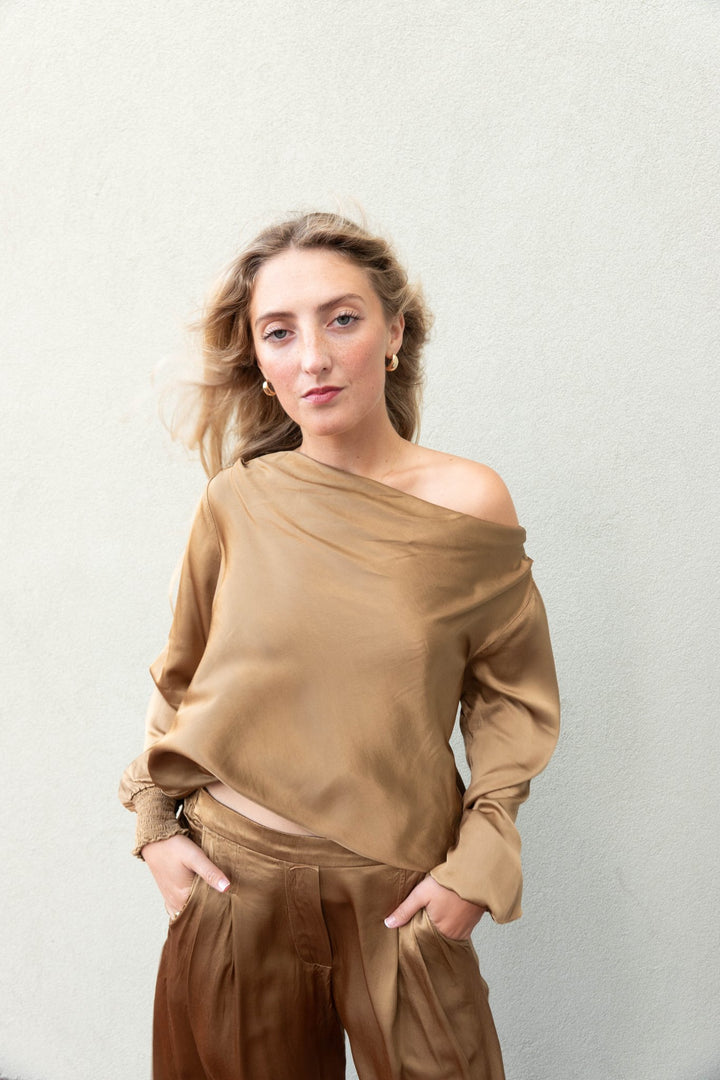 Margaret Smocked Sleeve Bubble Hem Top - Gold - Jaffi&