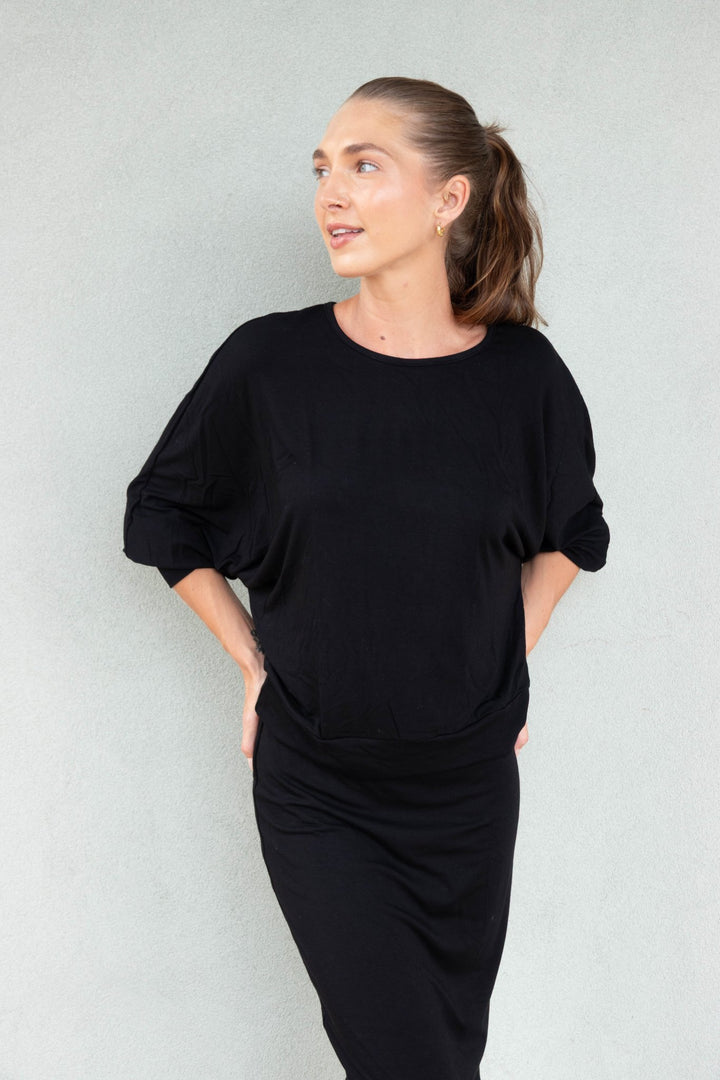 Marie Elbow Sleeve Dolman - Black - Jaffi&