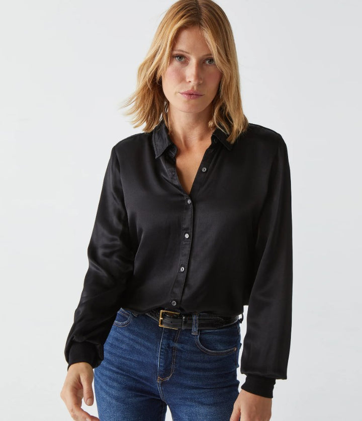 Meredith Satin Button Down - Black