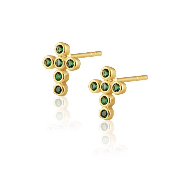 Mimi Mini Cross Stud Earring - Emerald - Jaffi's