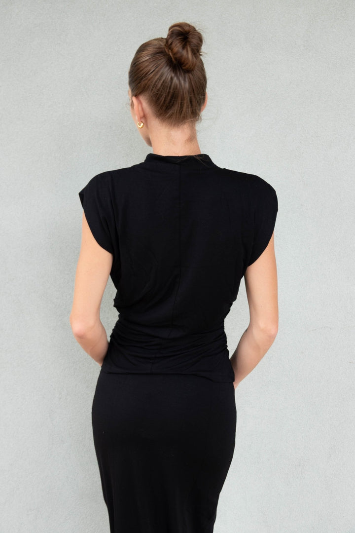 Mina Mock Neck Power Shoulder Top - Black - Jaffi&