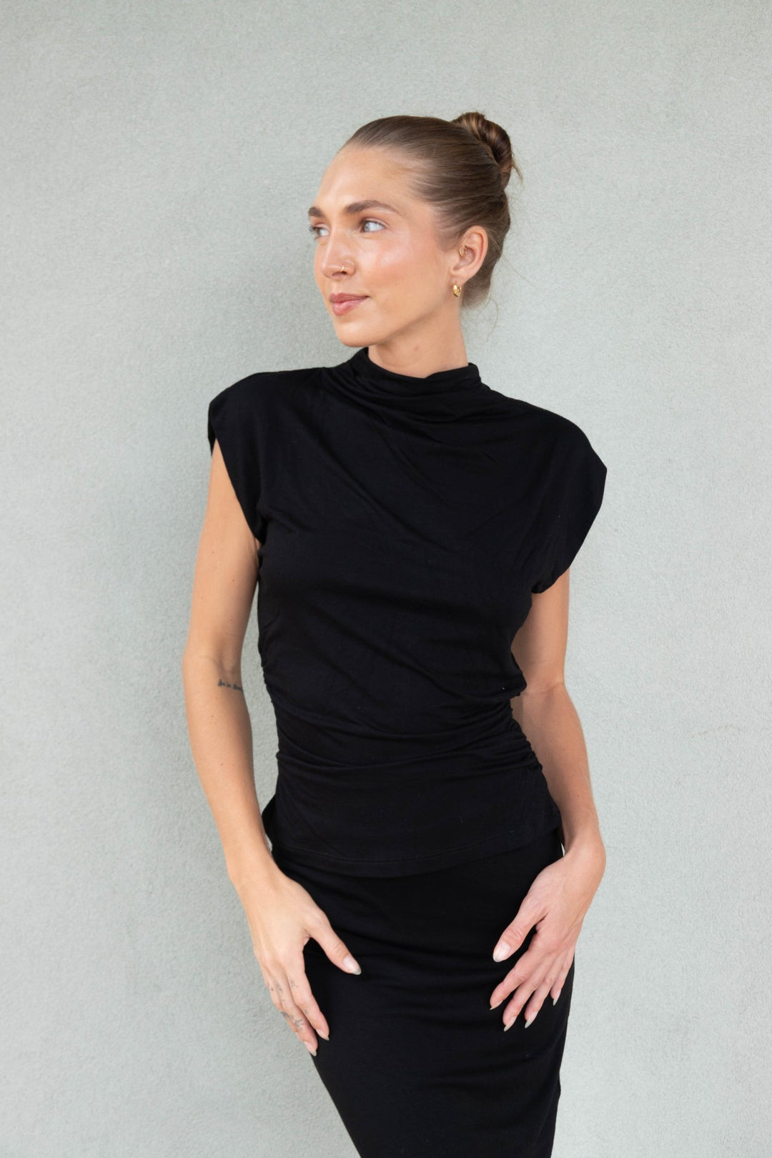 Mina Mock Neck Power Shoulder Top - Black - Jaffi's
