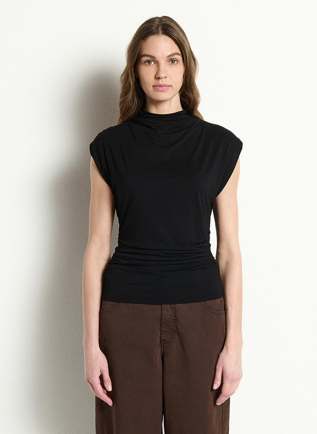 Mina Mock Neck Power Shoulder Top - Black