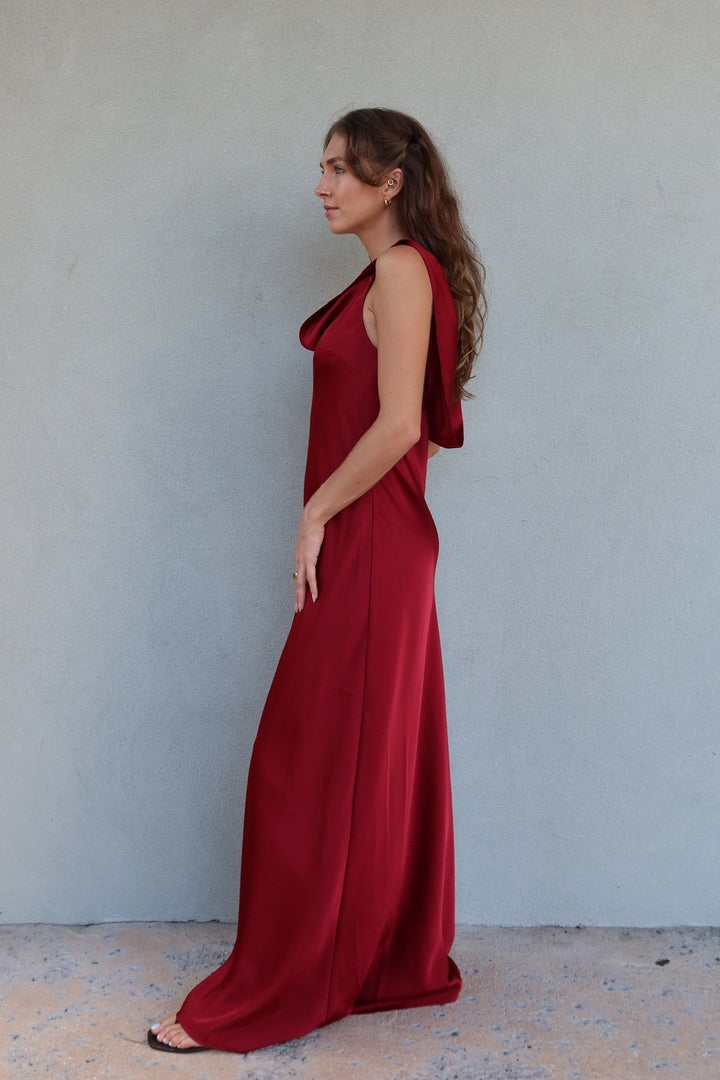 Mireya Satin Cowl Neck Dress - Deep Merlot - Jaffi&