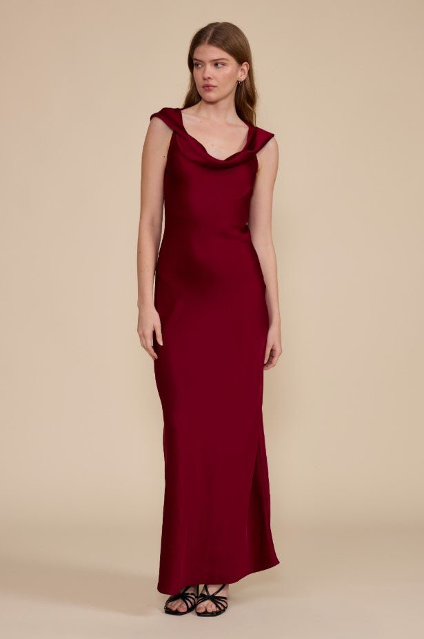 Mireya Satin Cowl Neck Dress - Deep Merlot - Jaffi&