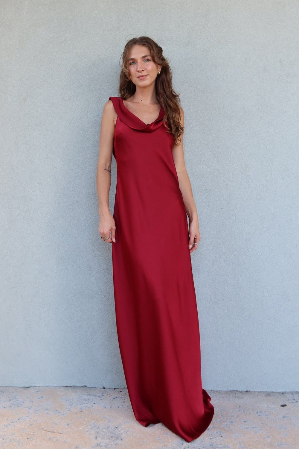 Mireya Satin Cowl Neck Dress - Deep Merlot - Jaffi's