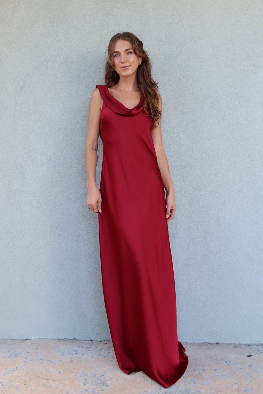 Mireya Satin Cowl Neck Dress - Deep Merlot - Jaffi&