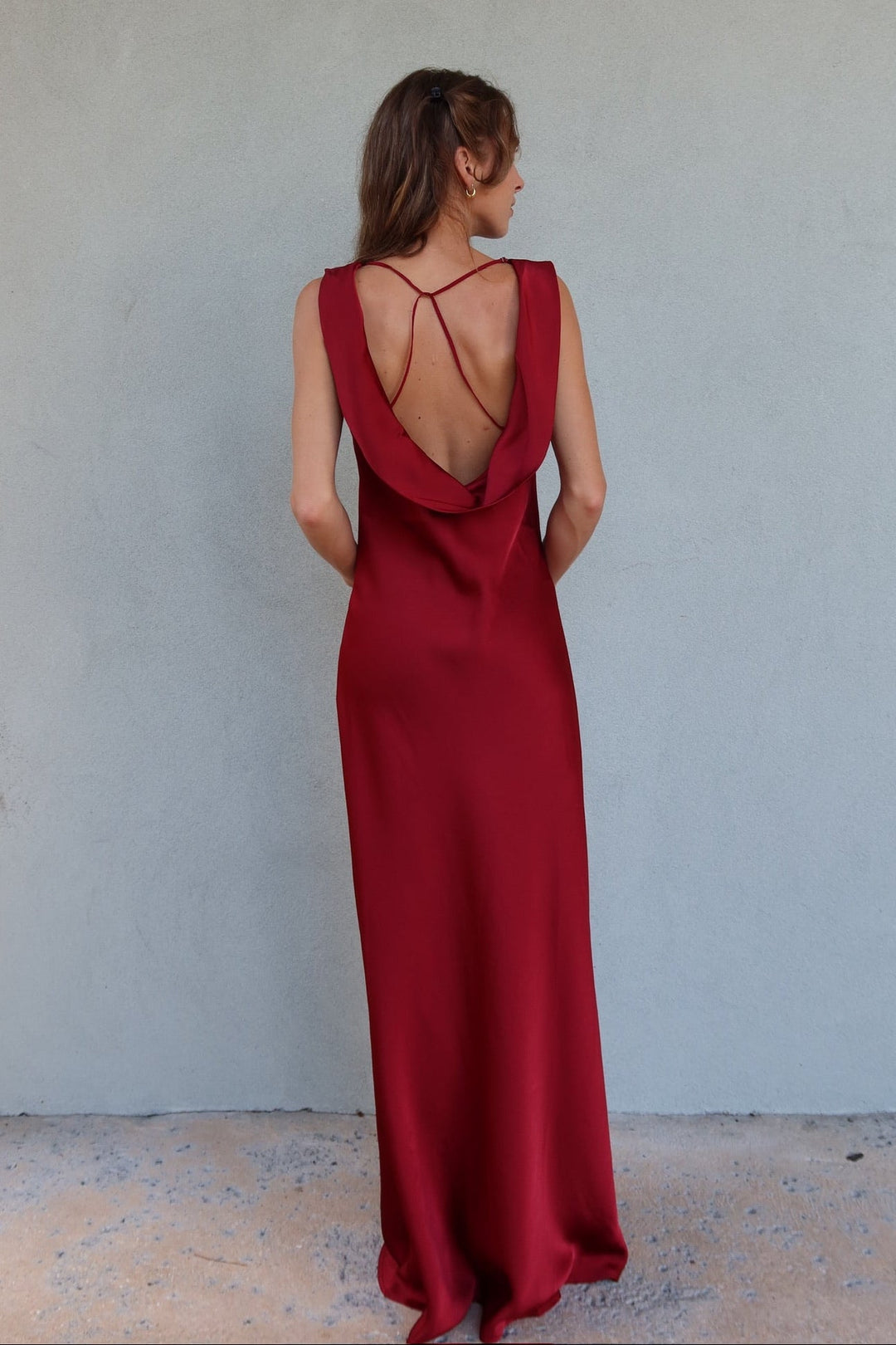 Mireya Satin Cowl Neck Dress - Deep Merlot - Jaffi's